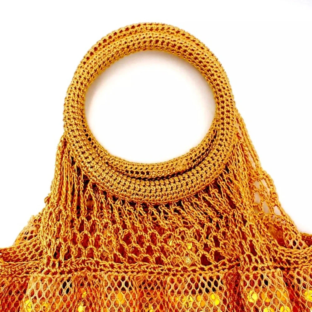 Vintage Gap Gold Mesh Handbag Knit Sequins Round Handle